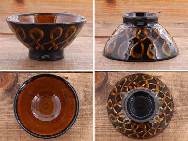 RETRO Mingei Folk Craft 6.5" Ribbon Slipware Ceramic Rice Bowls Set of 2