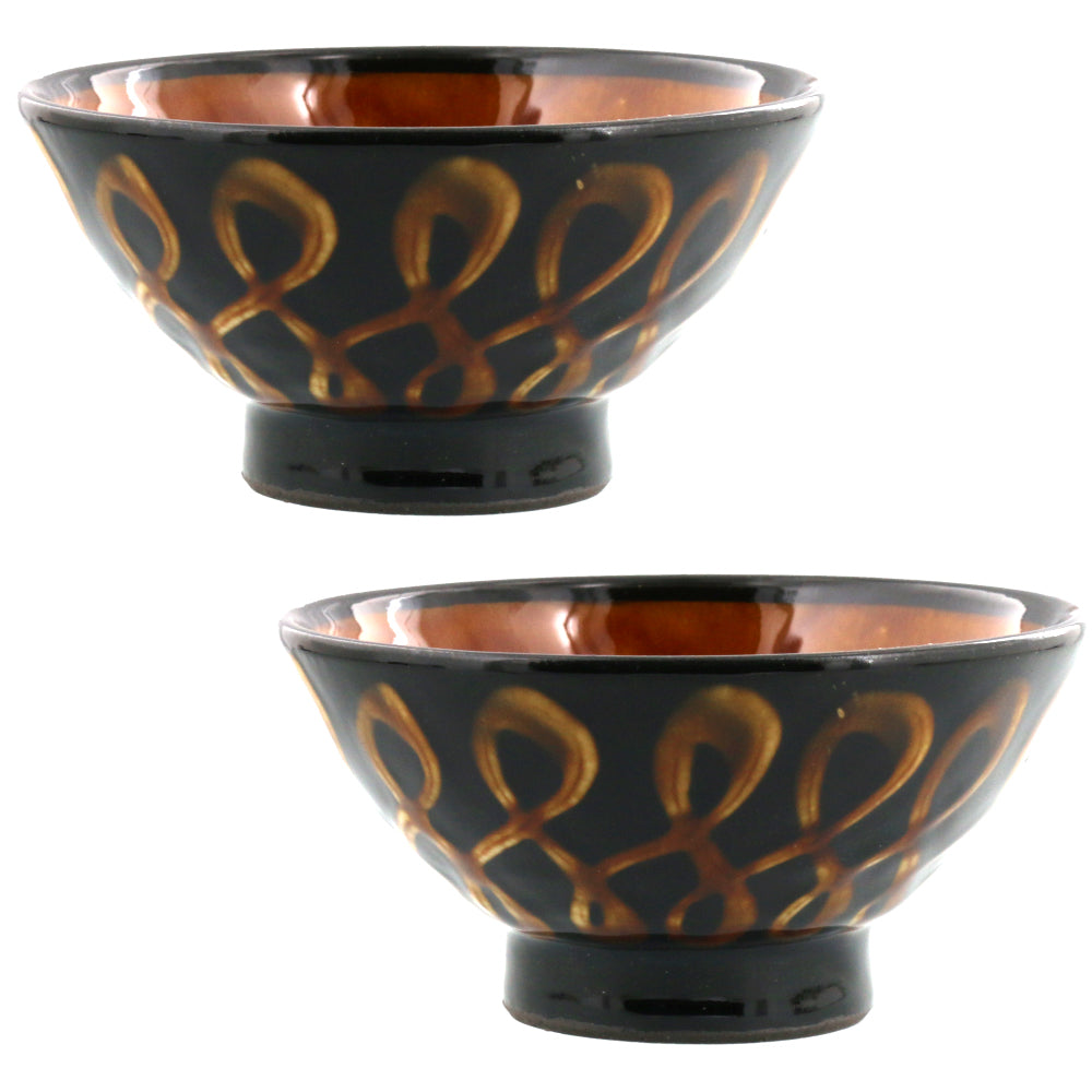 RETRO Mingei Folk Craft 6.5" Ribbon Slipware Ceramic Rice Bowls Set of 2