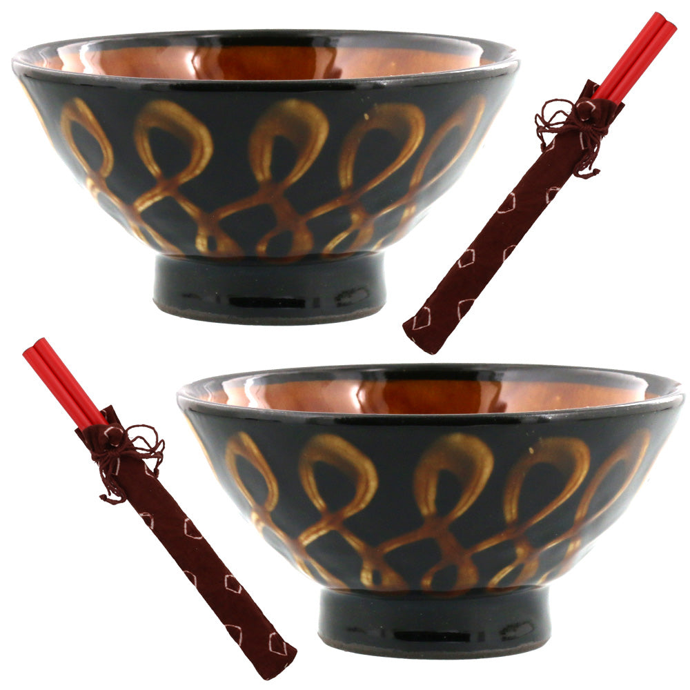 RETRO Mingei Folk Craft 6.5" Ribbon Slipware Ceramic Rice Bowls with Red Chopsticks Set of 2