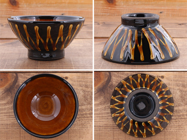 RETRO Mingei Folk Craft 6.5" Slipware Ceramic Rice Bowls Set of 2 - Stripe