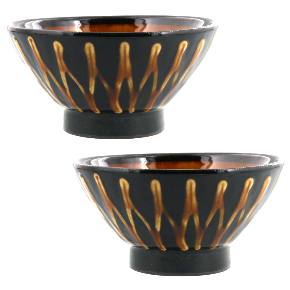 RETRO Mingei Folk Craft 6.5" Slipware Ceramic Rice Bowls Set of 2 - Stripe