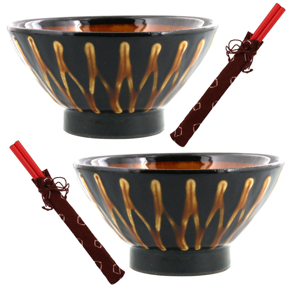 RETRO Mingei Folk Craft 6.5" Slipware Ceramic Rice Bowls with Red Chopsticks Set of 2 - Stripe