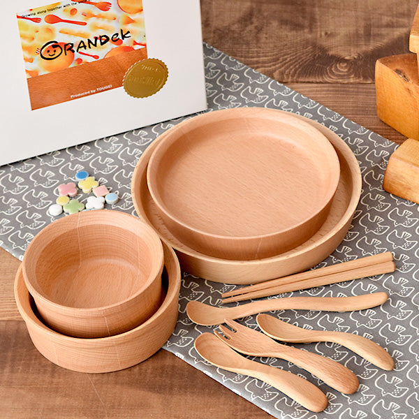 9-Piece Children's Wooden Tableware Set with Gift Box - Plates Bowls Fork Spoon Curved Spoon Chopsticks and Feeding Spoon for Baby Showers and Okuizome