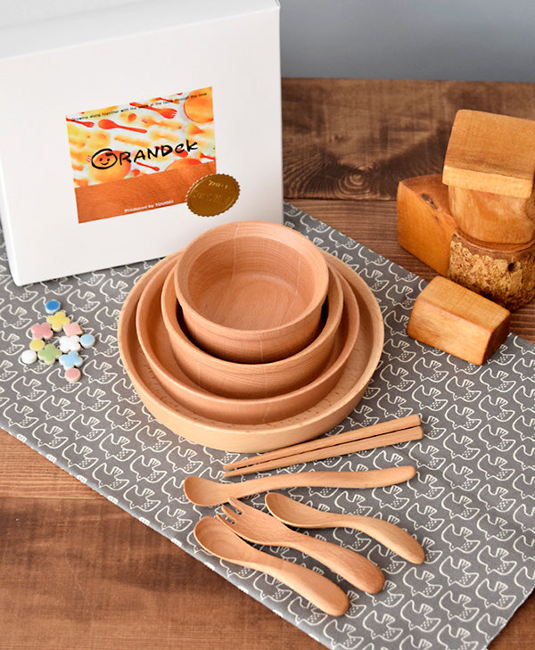 9-Piece Children's Wooden Tableware Set with Gift Box - Plates Bowls Fork Spoon Curved Spoon Chopsticks and Feeding Spoon for Baby Showers and Okuizome