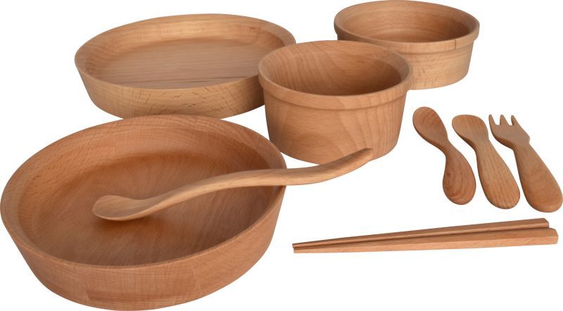 9-Piece Children's Wooden Tableware Set with Gift Box - Plates Bowls Fork Spoon Curved Spoon Chopsticks and Feeding Spoon for Baby Showers and Okuizome