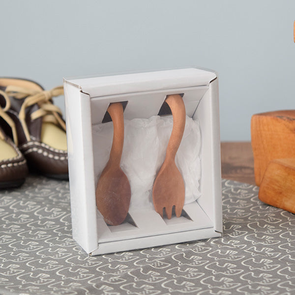 Curved Handle Wooden Baby Spoon and Fork Set with Gift Box