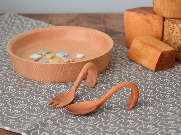 Curved Handle Wooden Baby Spoon and Fork Set with Gift Box
