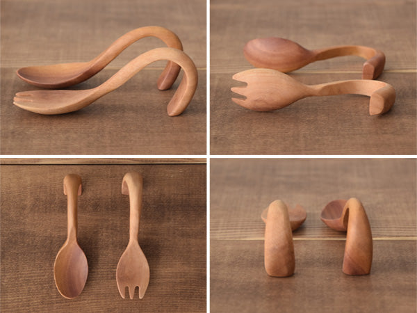 Curved Handle Wooden Baby Spoon and Fork Set with Gift Box