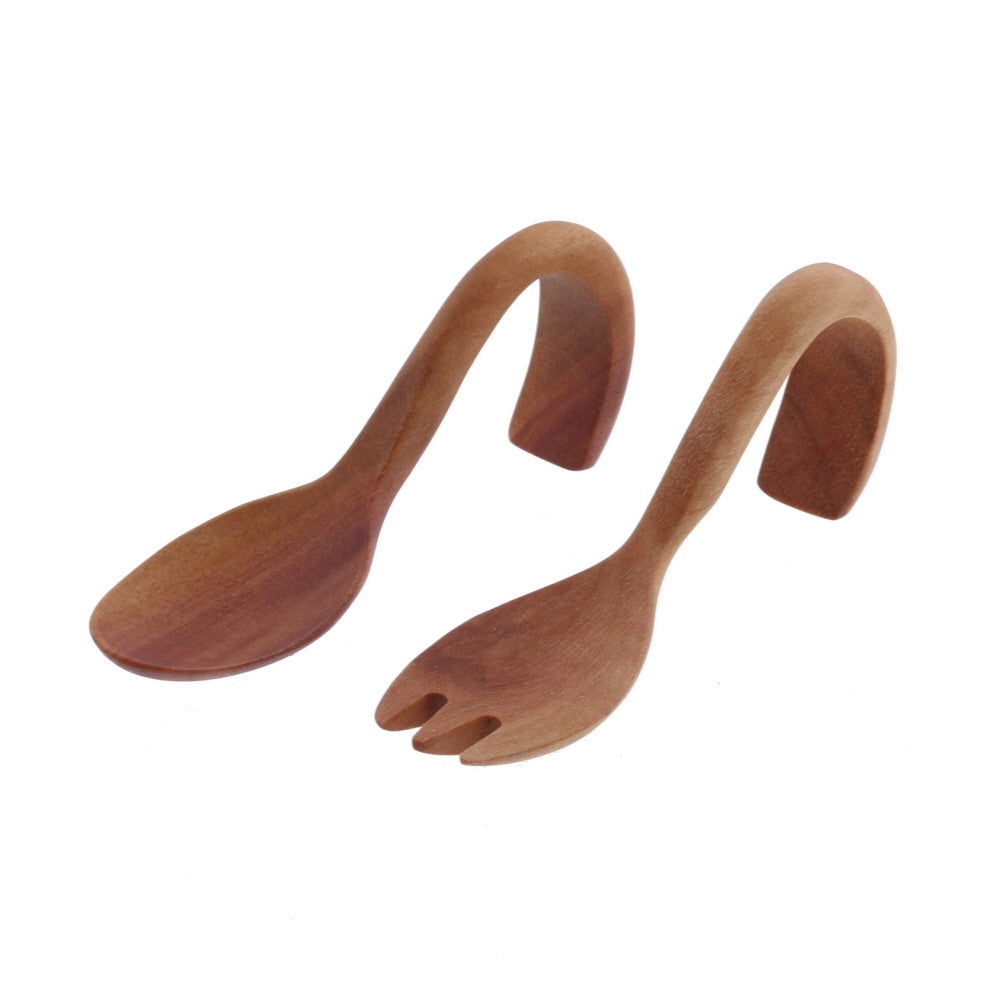 Curved Handle Wooden Baby Spoon and Fork Set with Gift Box