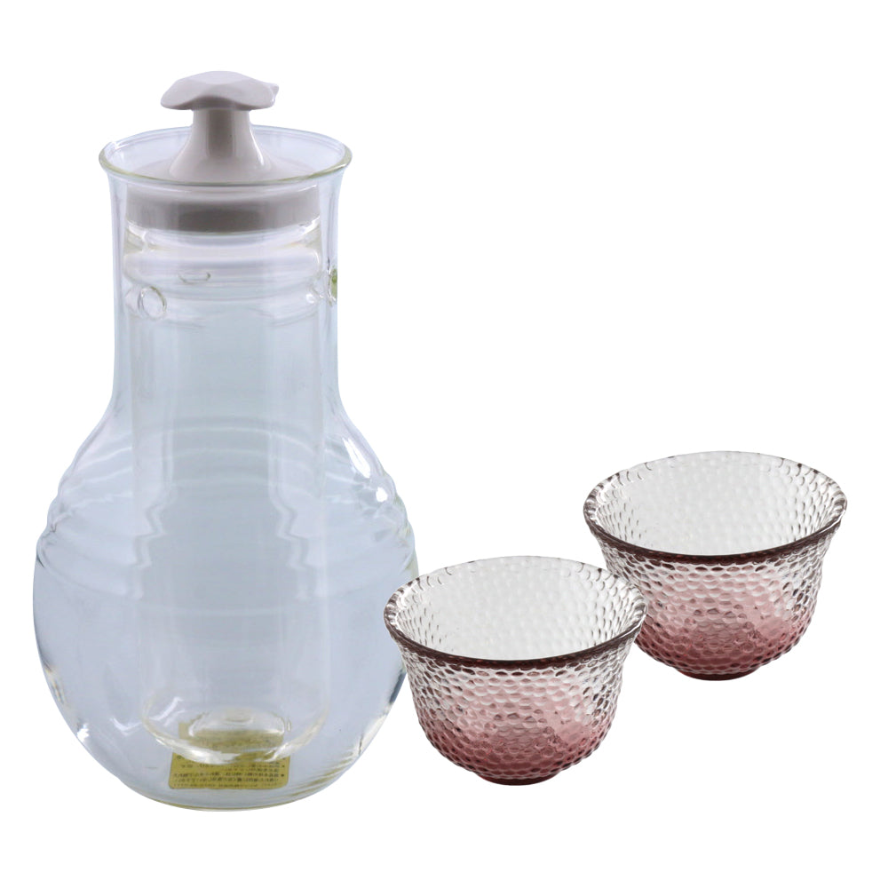 Glass Sake Bottle with Cooler and 2 Pink Sake Cups