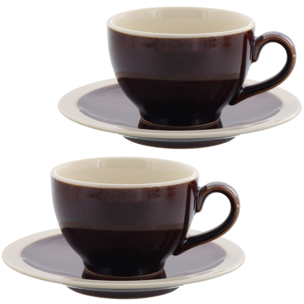 FAVO Two-Tone 8.5 Ounce Porcelain Coffee Cups and Saucers Set of 2 - Brown