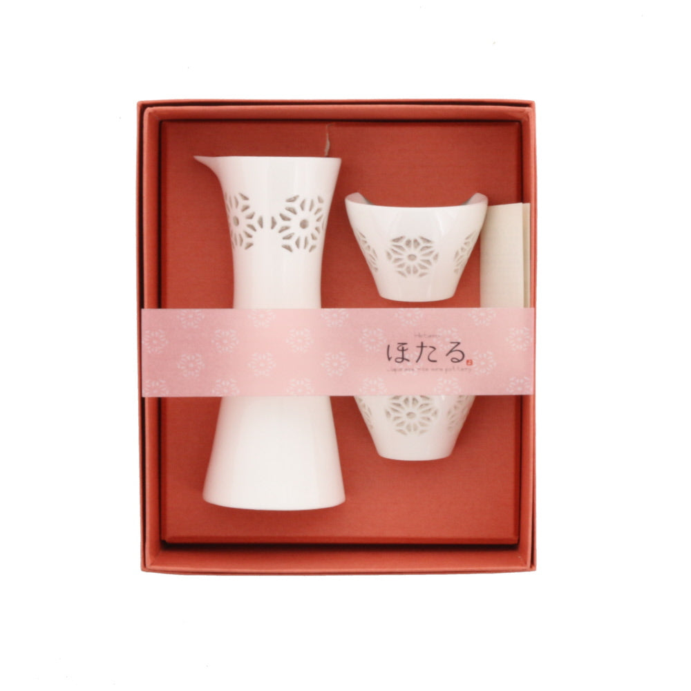 Hotarude Sake Bottle (Tokkuri) and 2-Piece Sake Cup (Guinomi) Set with Gift Box - White