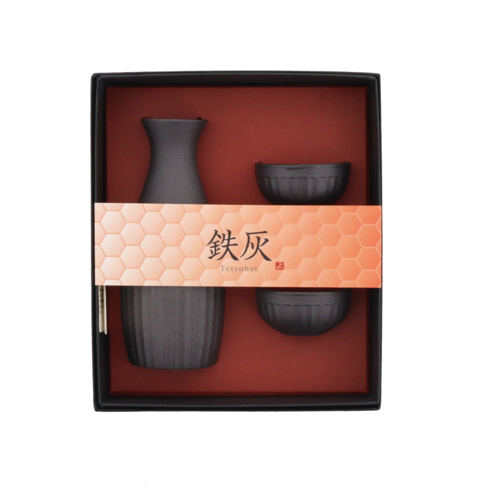 Tetsuyu Sake Bottle (Tokkuri) and 2-Piece Sake Cup (Guinomi) Set with Gift Box - Gray