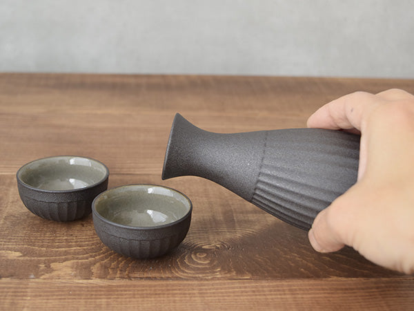 Tetsuyu Sake Bottle (Tokkuri) and 2-Piece Sake Cup (Guinomi) Set with Gift Box - Gray