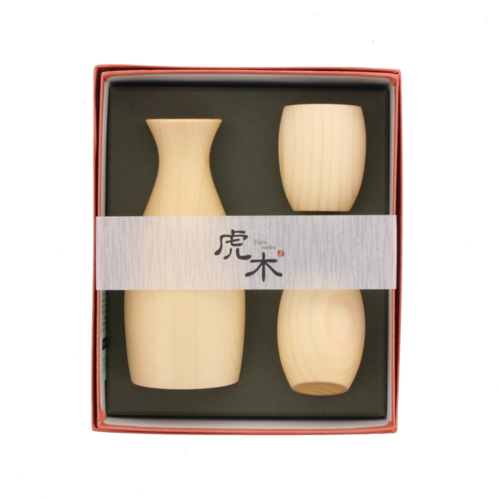 Wooden Cold Sake Bottle (Tokkuri) and 2-Piece Sake Cup (Guinomi) Set with Gift Box