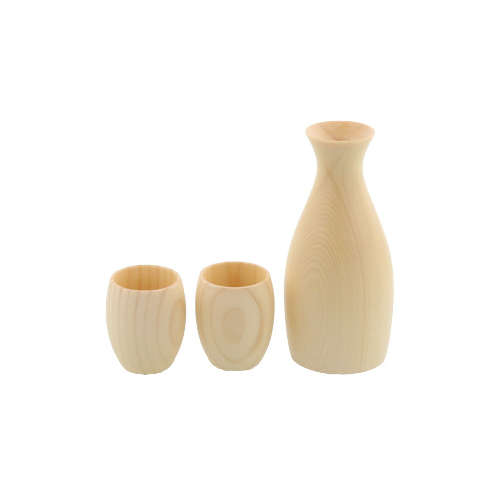 Wooden Cold Sake Bottle (Tokkuri) and 2-Piece Sake Cup (Guinomi) Set with Gift Box