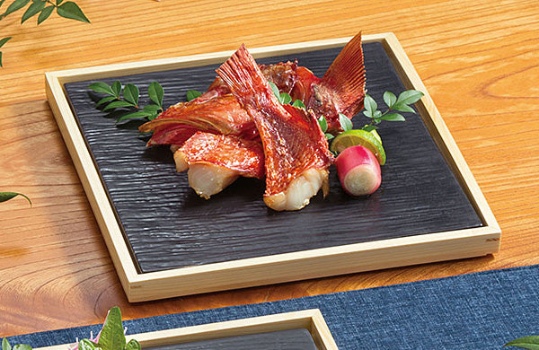 8.5" Black Ceramic Square Platter with Wooden Tray