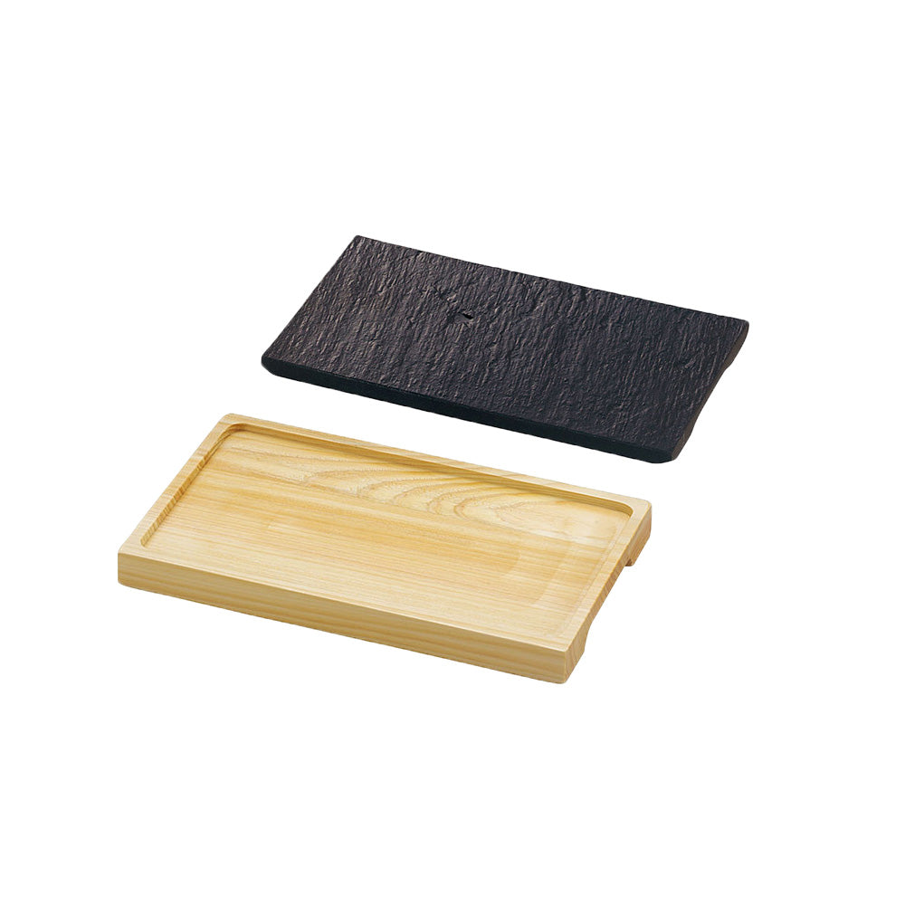 8.3" Ceramic Rectangular Platter with Wooden Tray - Black Stone Pattern