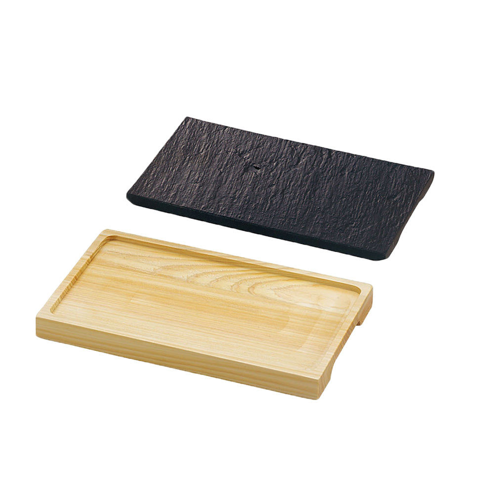 9.4" Ceramic Rectangular Platter with Wooden Tray - Black Stone Pattern