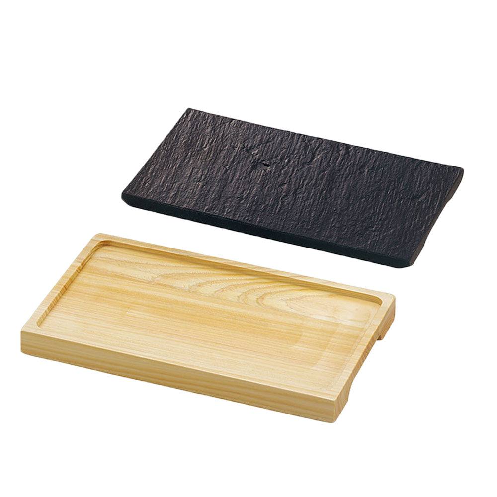 10.6" Ceramic Rectangular Platter with Wooden Tray - Black Stone Pattern